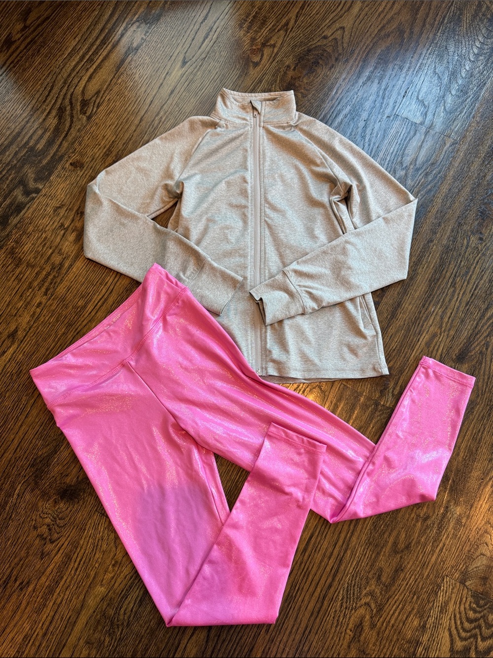 Girls athletic shiny pink leggings and grey zip up